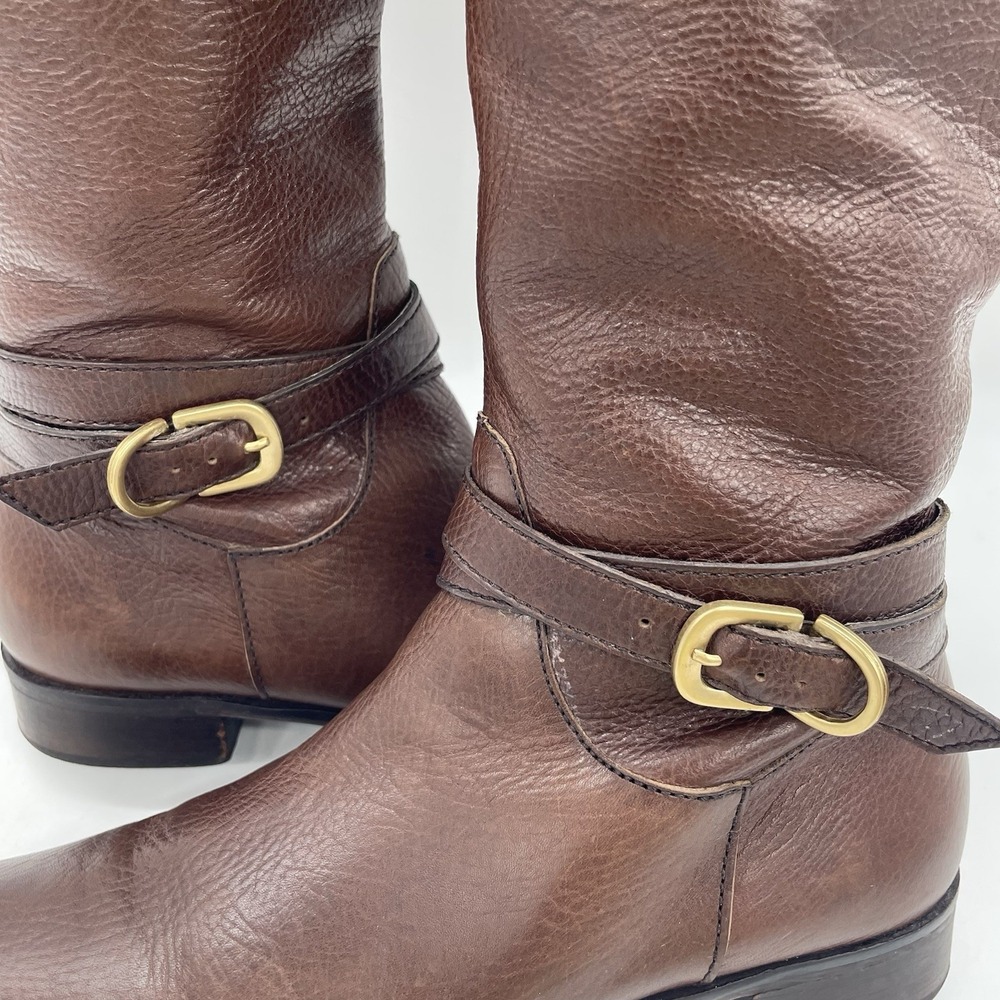 Talbots Womens 7AA Riding Boots Tall Brown Pebbled Leather Gold Buckle Full Zip - Picture 11 of 16